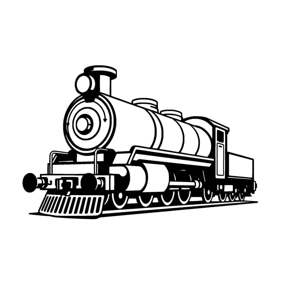 Illustrated Perspective View of a Classic Steam Locomotive, Black and White, Style, Isolated on White. vector