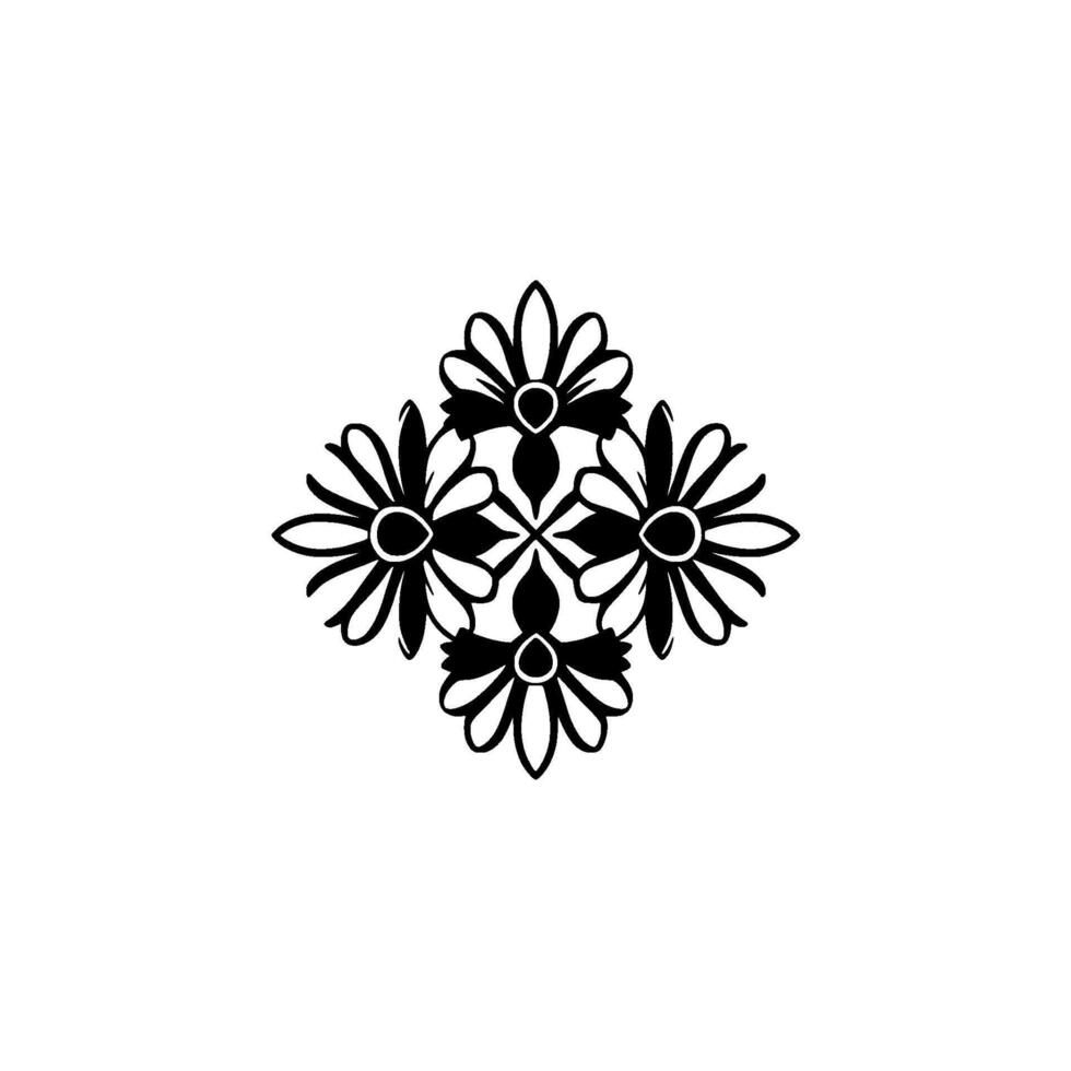 Symmetrical floral , black and white stylized flowers arranged in a fourpetal, symmetrical ornamental pattern on white backdrop. vector