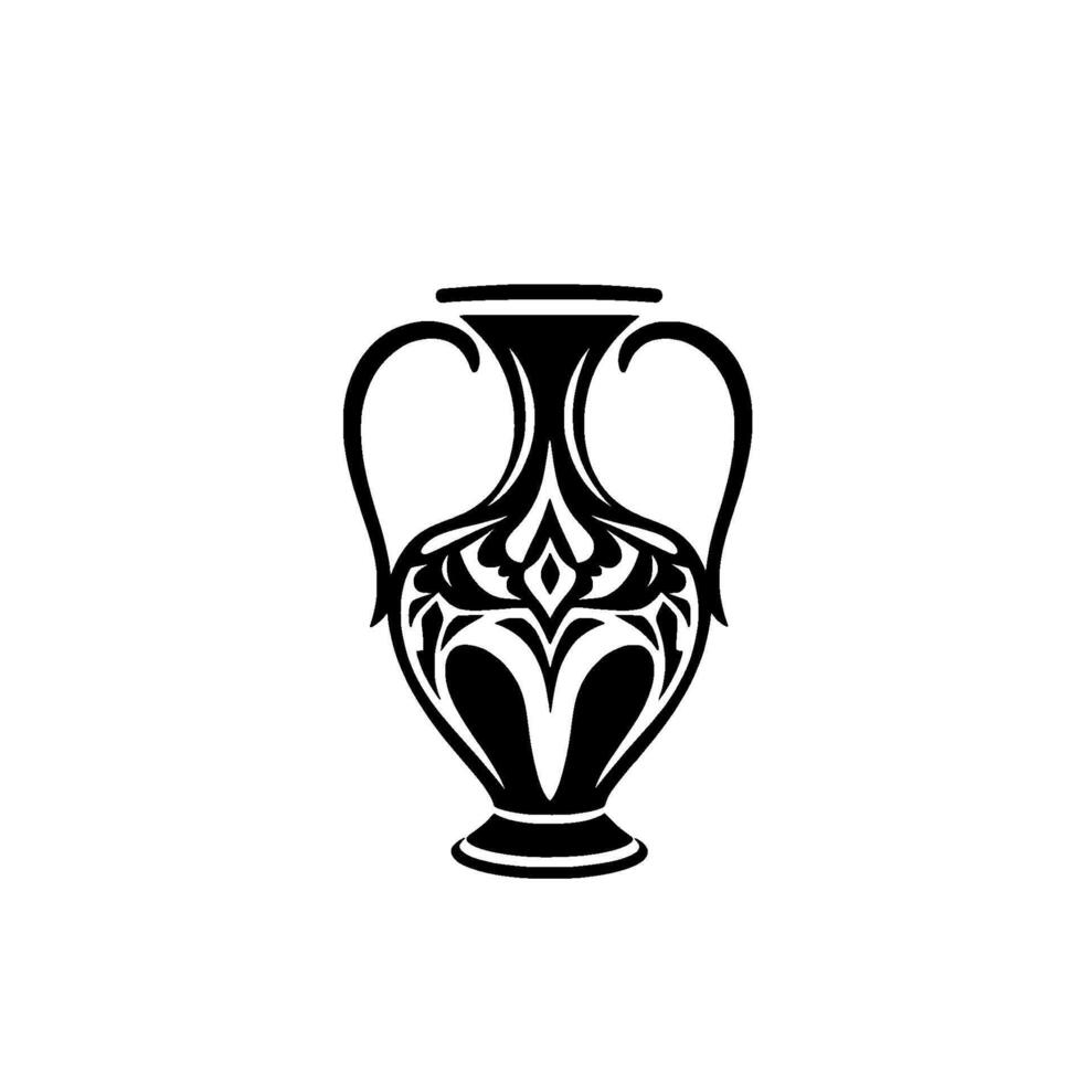 Black and White Grecian Amphora Vessel with Ornate Floral Symmetry, Decorative Handles, and Minimalist Aesthetic on White Backdrop. vector