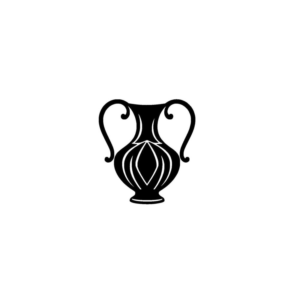 Minimalist Black Amphora Silhouette with Ornate Detailing and Curved Handles, Set Against a White Background. vector