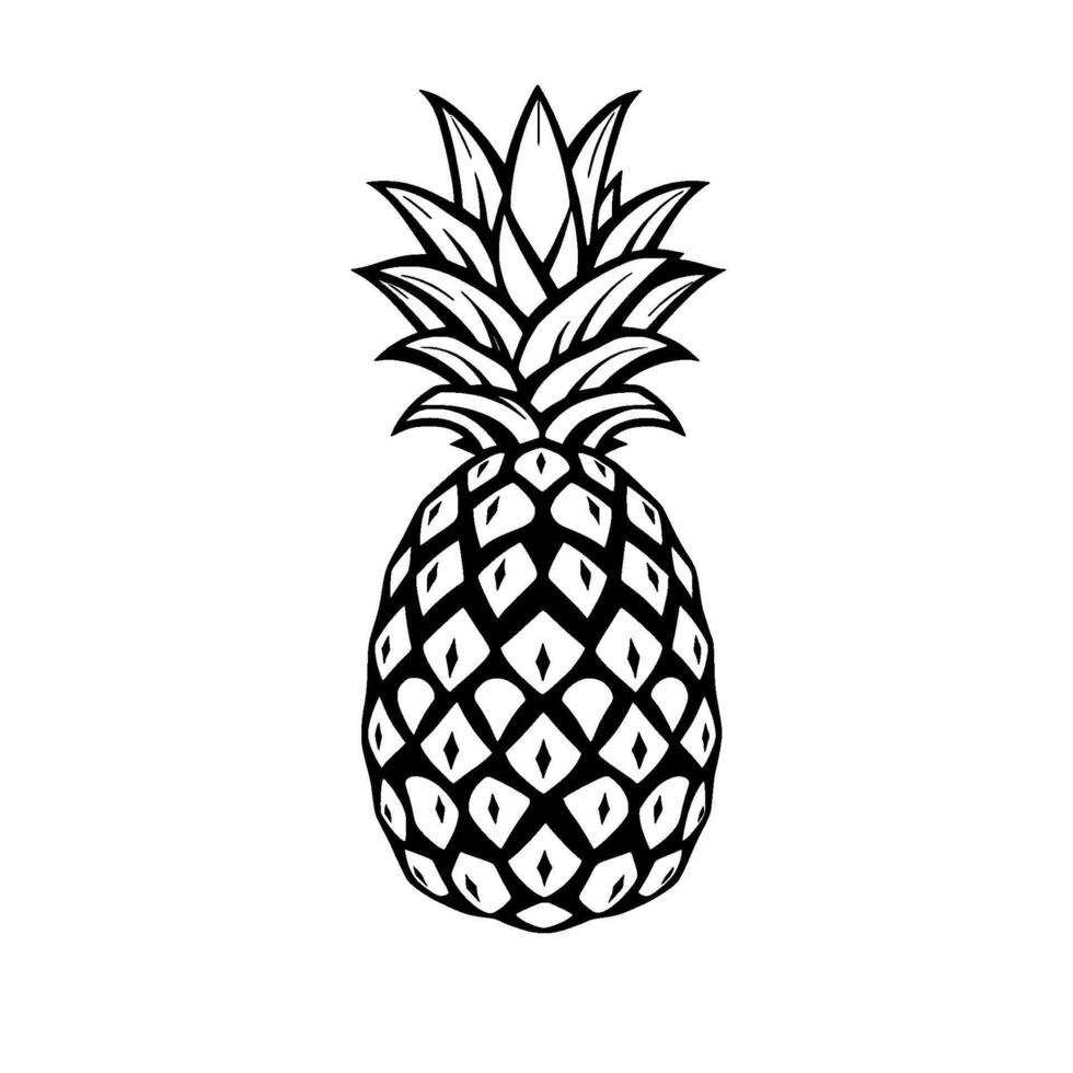 Elegant black and white illustration of a pineapple, centered against a striped background, exuding a tropical, artistic vibe. vector