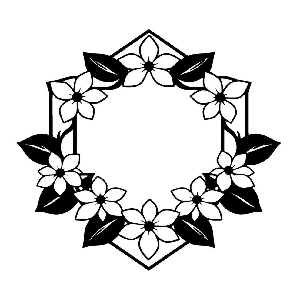 Elegant Black and White Floral Hexagonal Wreath with Blooming Flowers and Leaves, Perfect for Invitations. vector