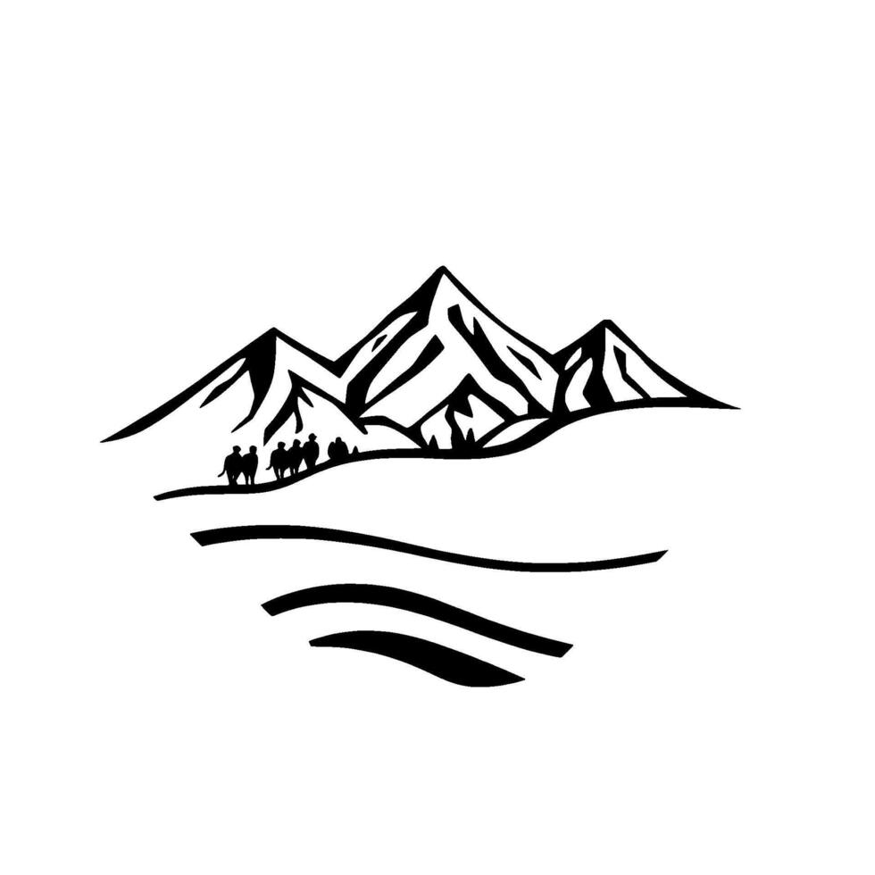 A minimalist black and white stylized depiction of a mountain range with figures traveling across a landscape inside a geometric diamond frame. vector