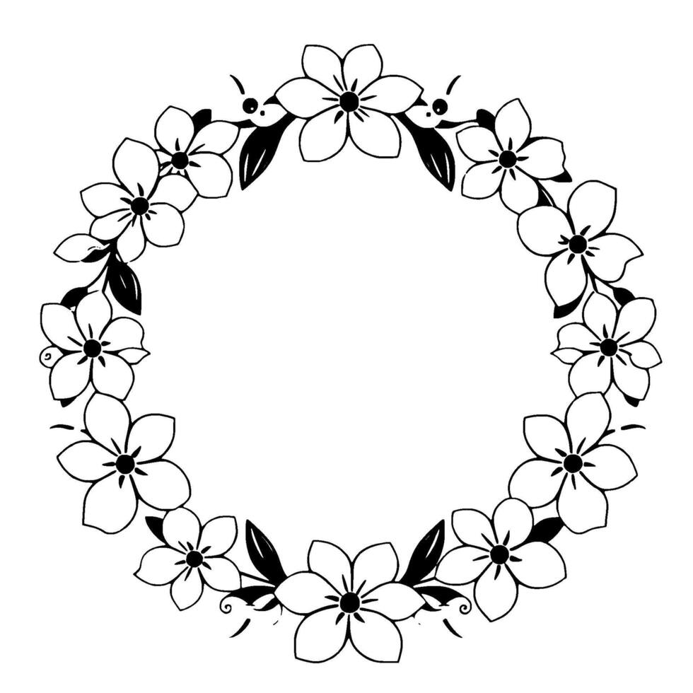 Delicate Black and White Floral Wreath, Depicting an Elegant Circular , Perfect for Invitations and Decorative Accents. vector