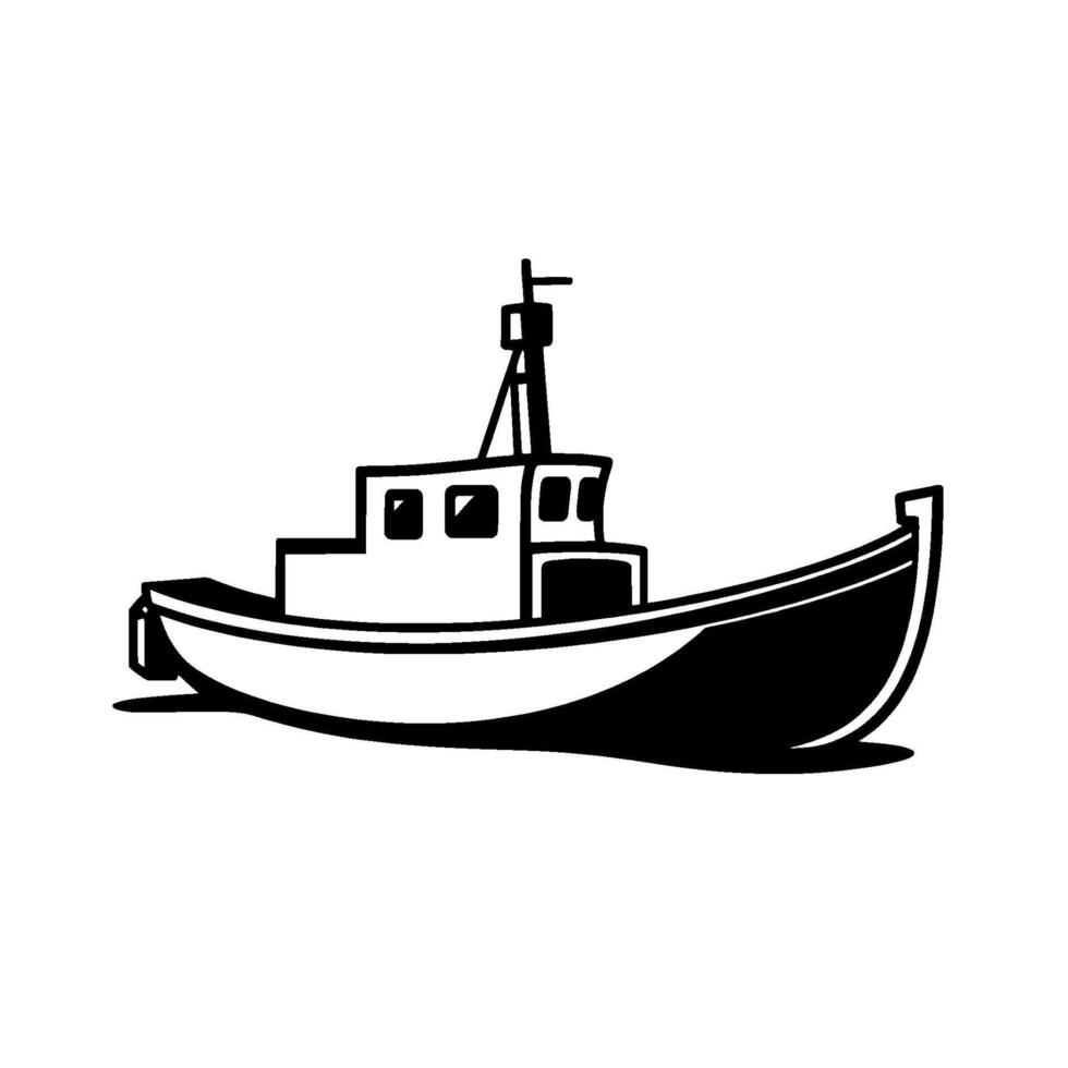 illustration of a minimalist black and white fishing boat, featuring a cabin, mast, and curved hull. vector