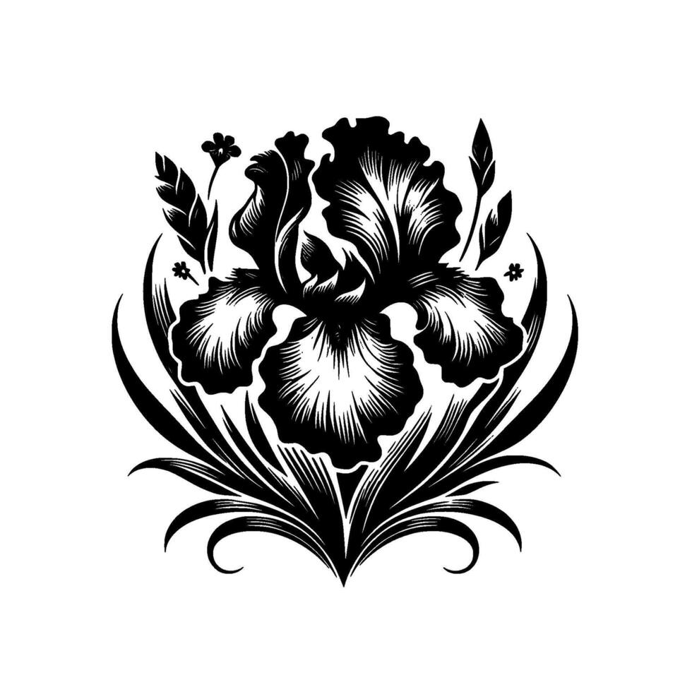 Intricate Black and White Iris Flower Engraving, Detailed Botanical Illustration, Flourishes and Elegant Composition. vector
