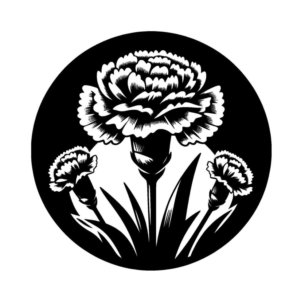 Black and White Carnation Illustration in a Circle, Featuring Three Flowers, Leaves, and Artistic Linework. vector