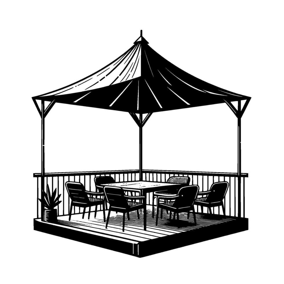 Black and white illustration of a gazebo with a wooden deck, table, six chairs, a plant, and a canopystyle roof in a minimalist . vector