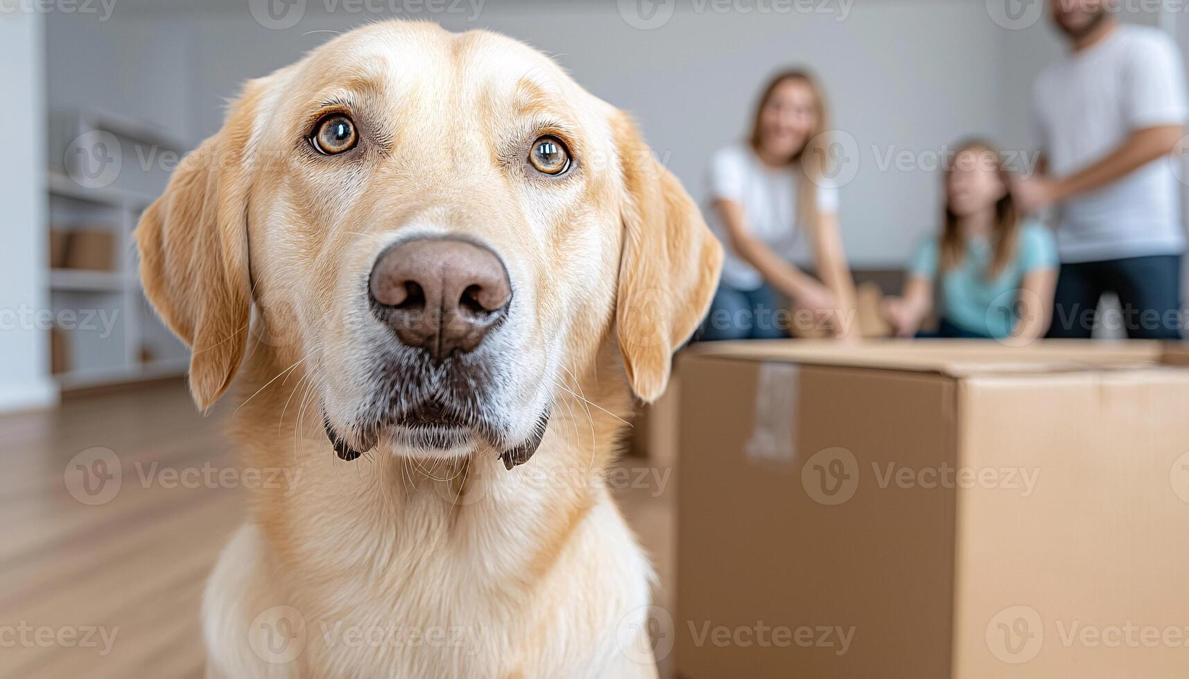 Friendly Labrador Dog Sitting in Front of Family in New Home photo