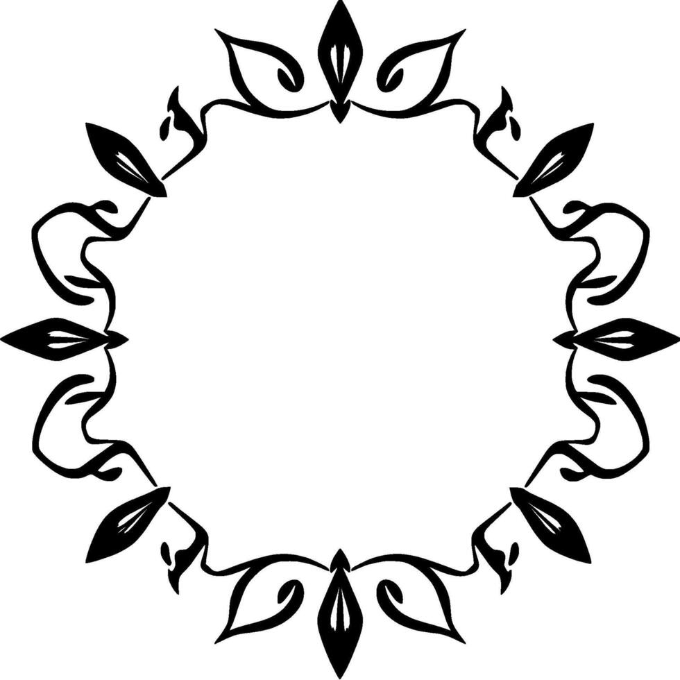 Intricate Black and White Ornamental Circle Frame with Floral and Abstract Line Art Elements, Perfect for Decorative Applications. vector