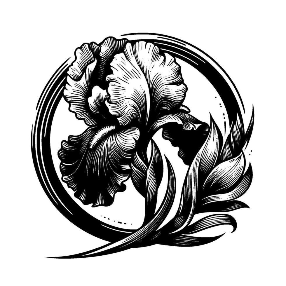 Intricate Black and White Iris Illustration in a Circular Frame, Featuring Detailed Line Art and a Monochromatic Aesthetic. vector