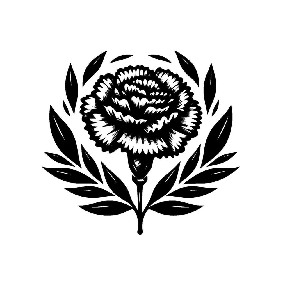 Bold Black and White Carnation , Surrounded by Leaves, Illustrative Floral Emblem on White Background. vector