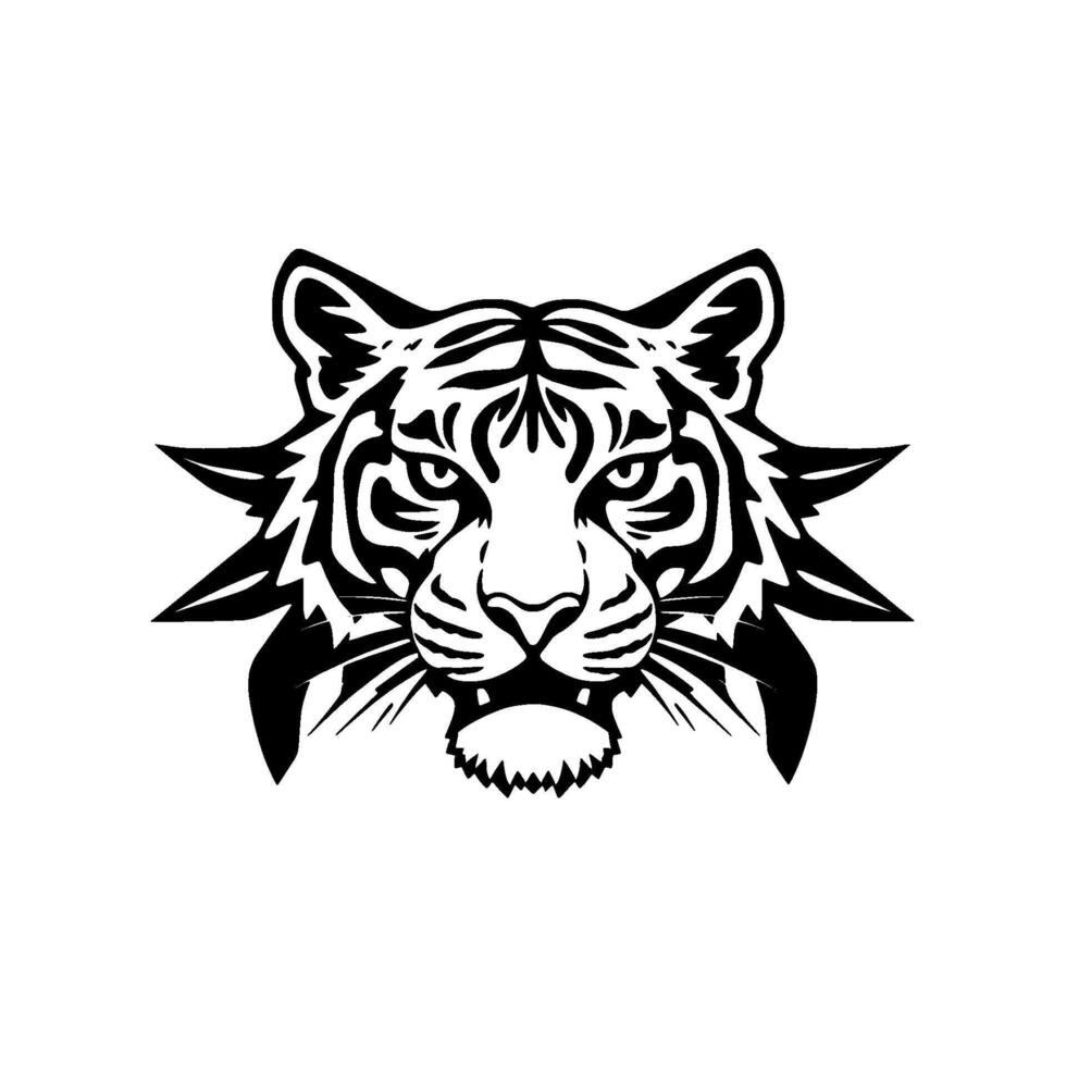 Bold Black and White Tiger Head Illustration, Intense Stare, Detailed Striped Pattern, Symmetrical , Isolated Artwork, Minimalist Iconography. vector