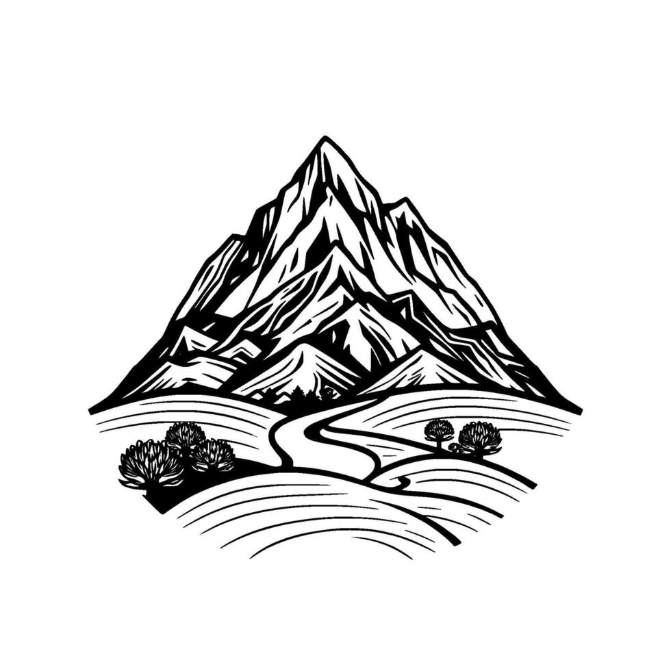 A stylized, highcontrast monochrome illustration of a majestic mountain range with a winding path and stylized vegetation. vector