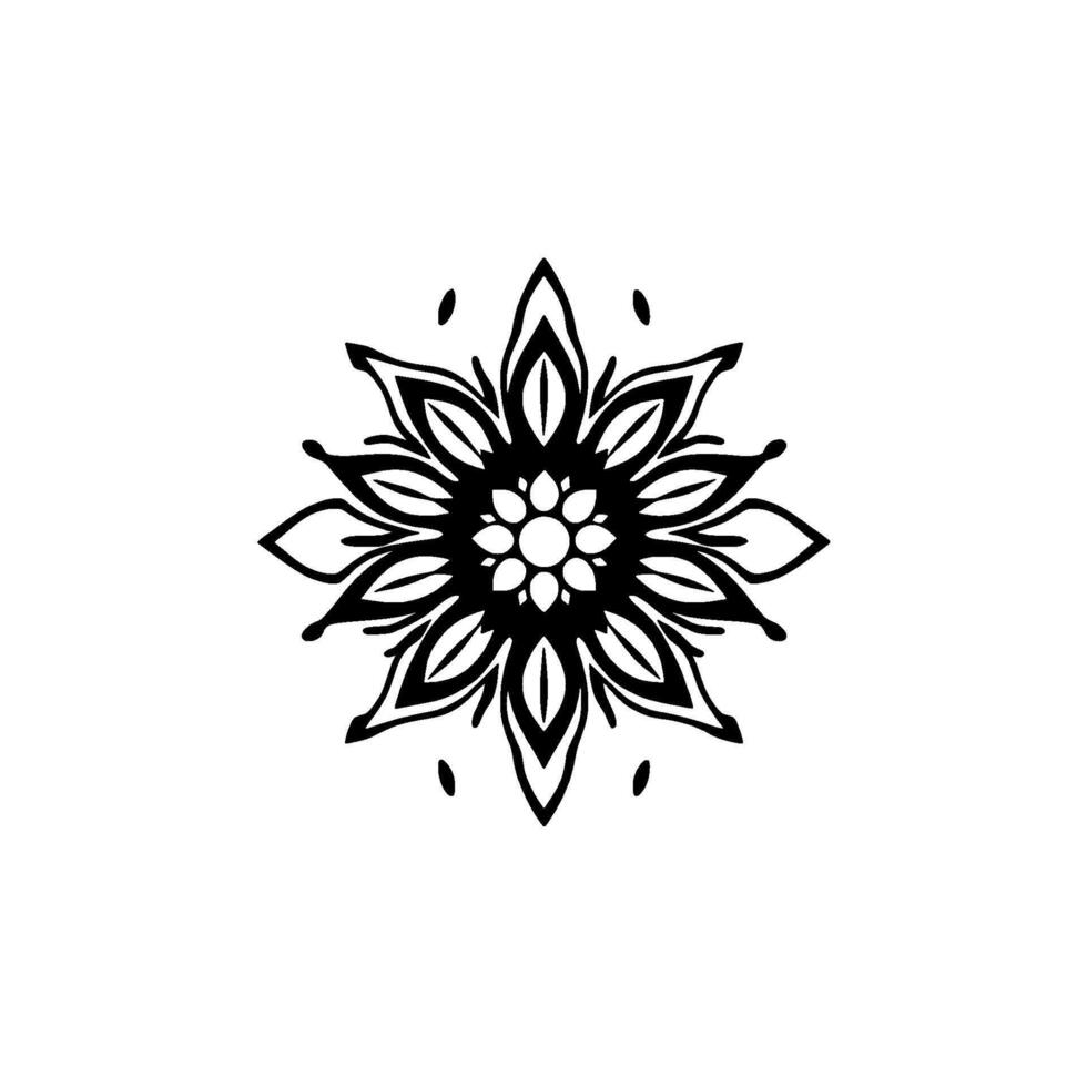 Symmetrical Black and White Floral Mandala with Intricate Petals and Dots on a Clean White Background. vector