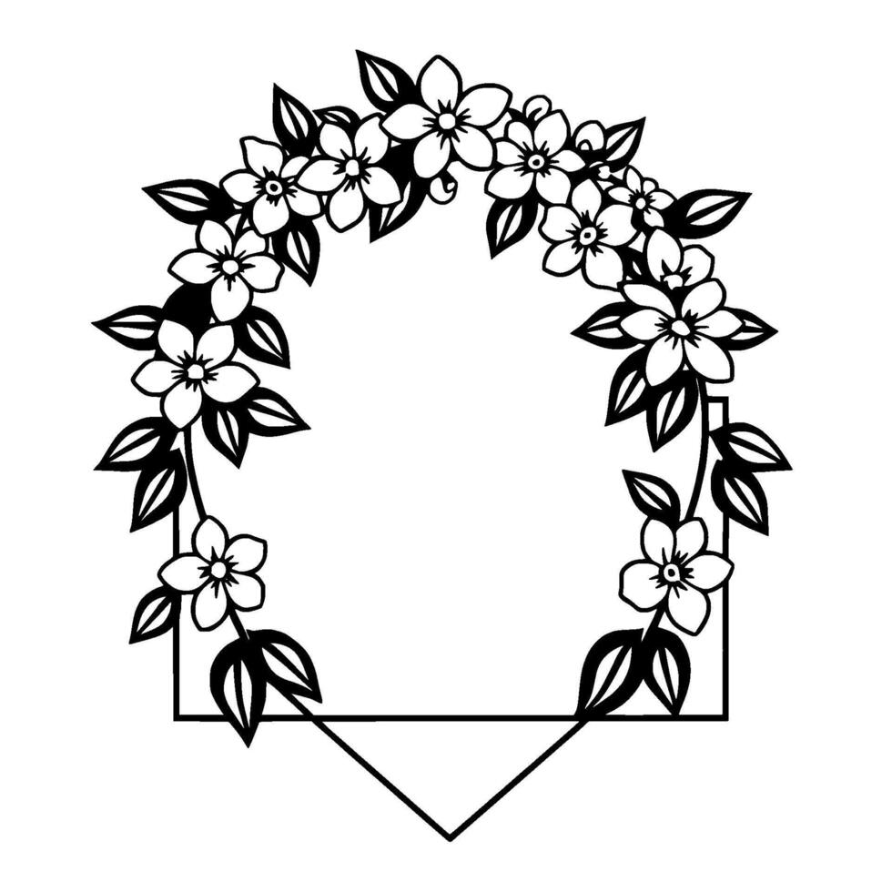 Elegant floral geometric frame in a minimalist black and white style featuring symmetrical blossoms and leaves perfect for invitations or designs. vector