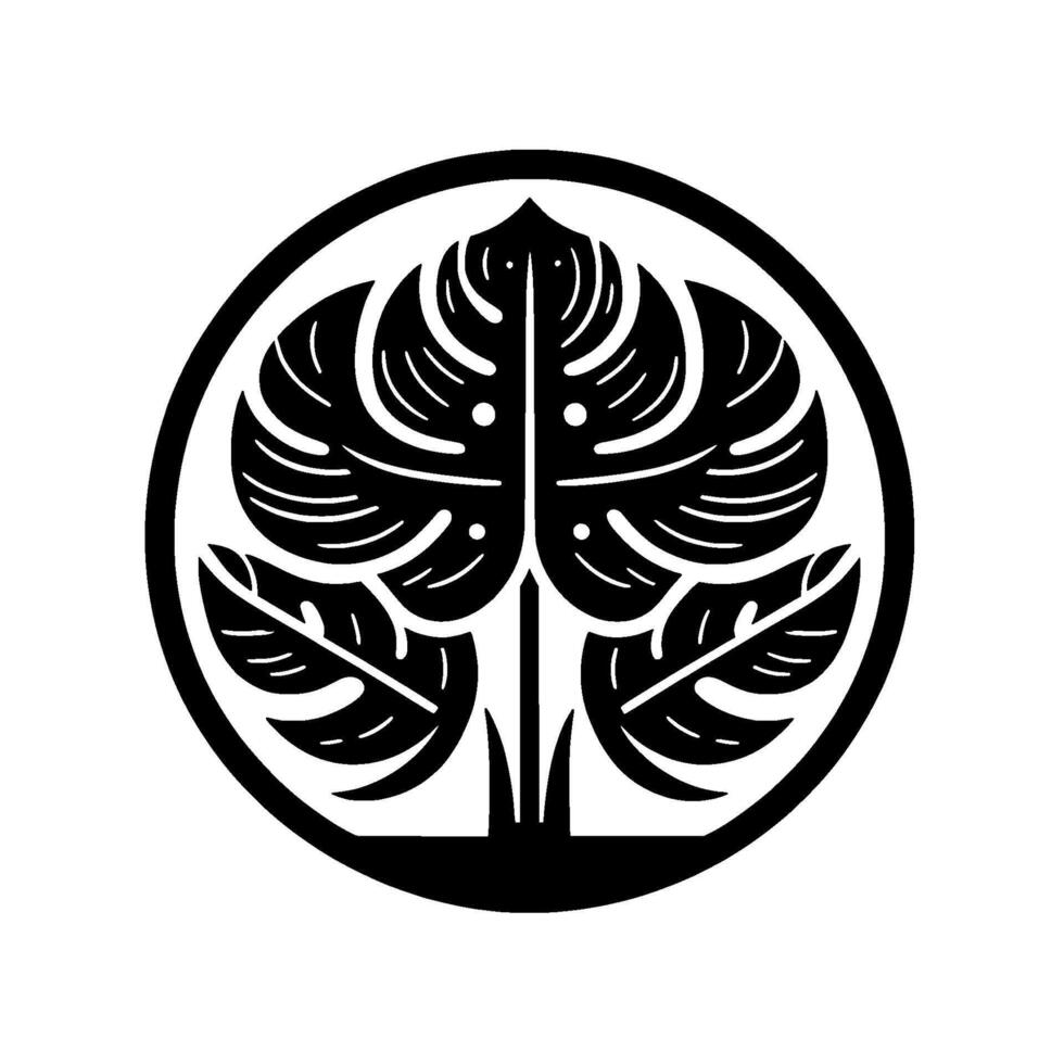 Monochromatic Circular of a Stylized Philodendron Plant with Delicately Veined Leaves, Isolated on White. vector