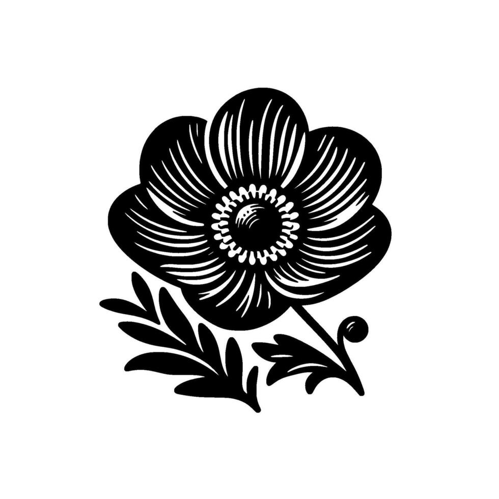 Elegant Black and White Floral Illustration A stylized anemone with detailed petals, central spiral, and foliate accents, set against a stark white backdrop. vector
