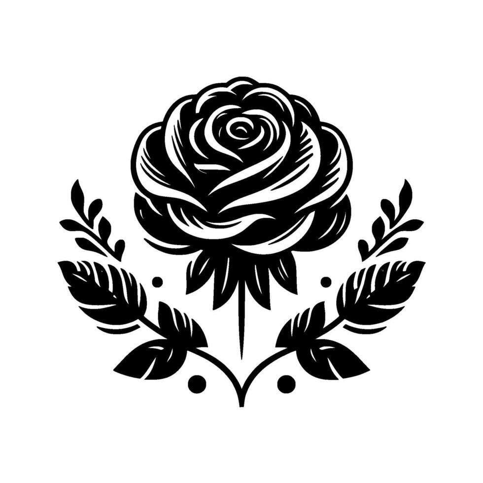 Bold Black and White Rose Emblem with Intricate Details, Surrounded by Leafy Accents, Isolated on a White Background, Minimalist . vector