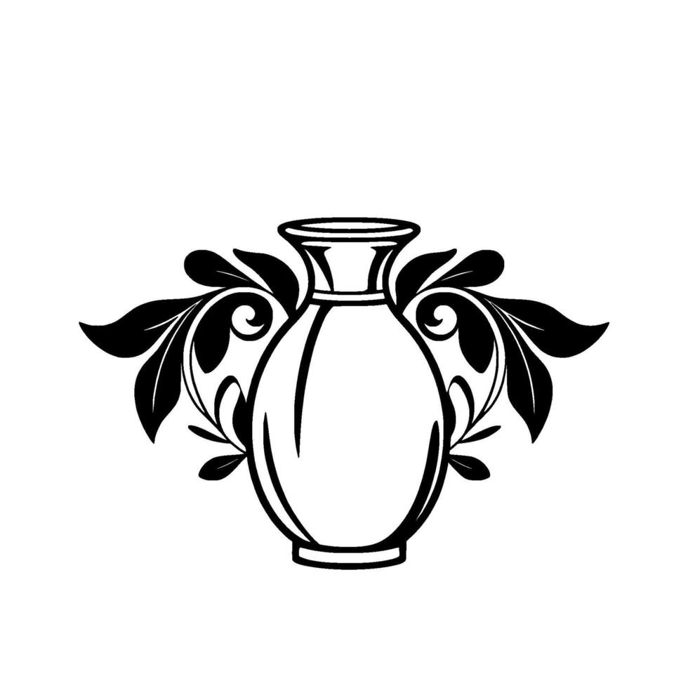 Elegant Black and White Illustration Ornate Vase with Floral Embellishments on a Clean White Background, Minimalist . vector