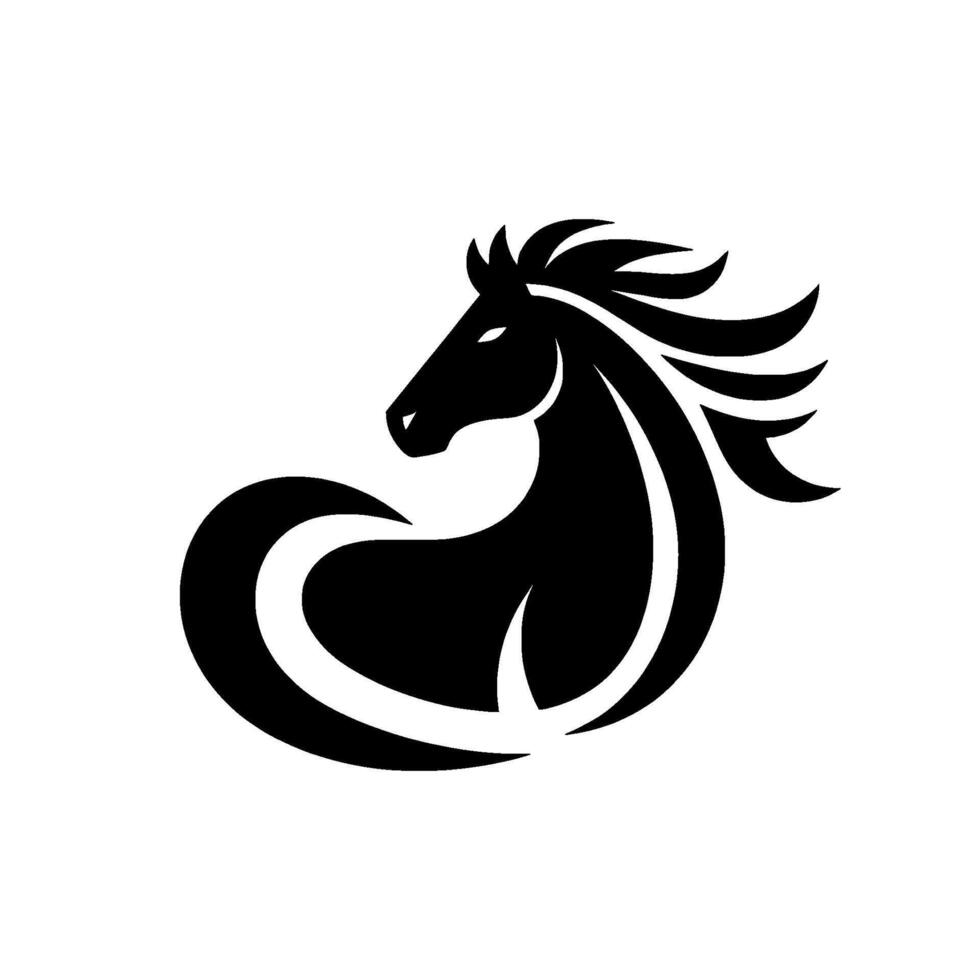 Bold Black Horse Silhouette in Minimalist Style with Flowing Mane Against White Background, Symbol of Grace. vector