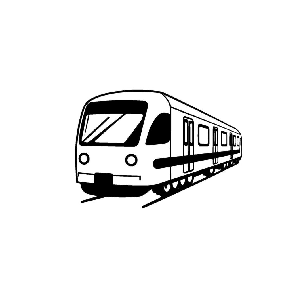 A stylized black and white illustration depicting a modern subway train moving along tracks, simple lines, and clean . vector
