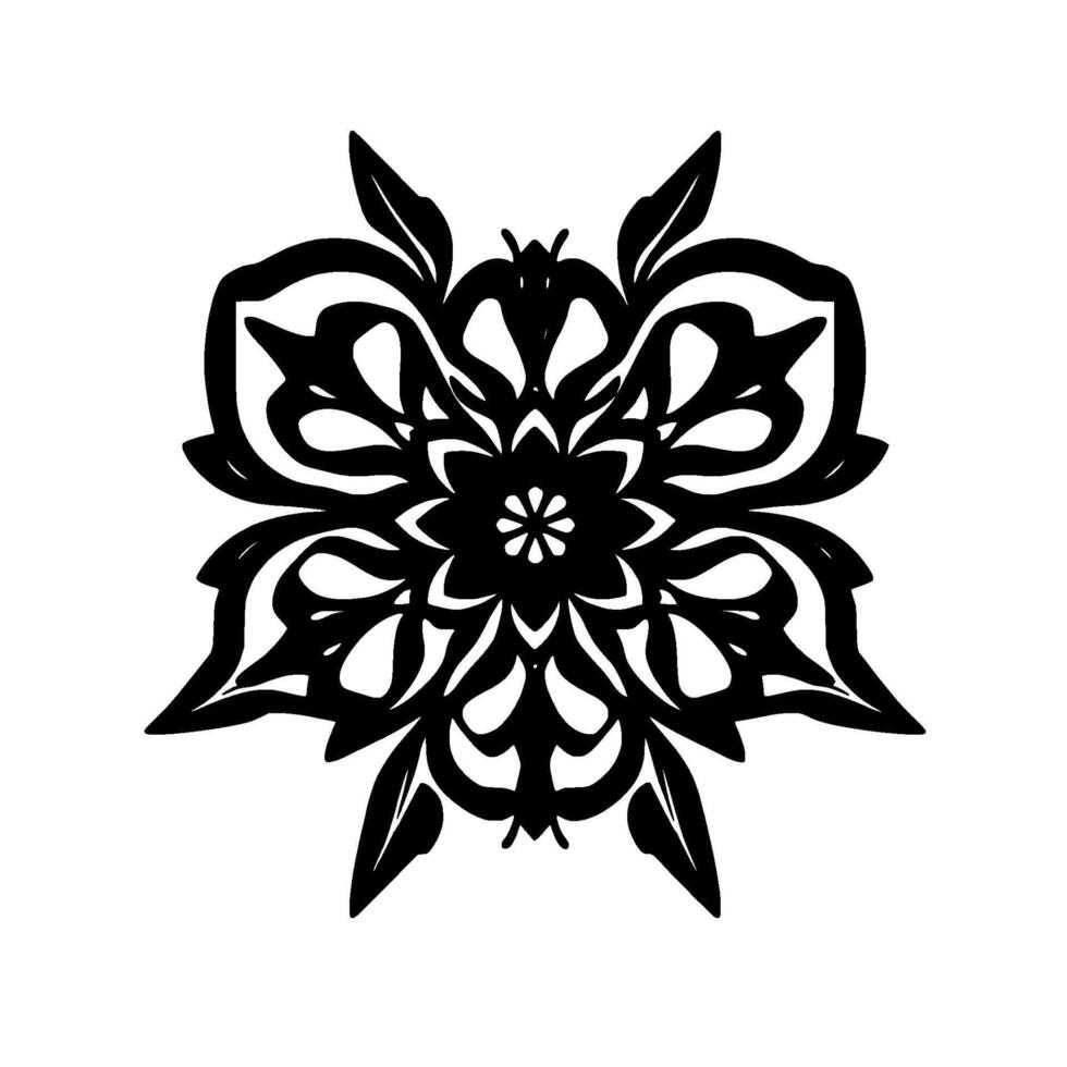 Symmetrical Black Floral Mandala on White Background with Leafy Petals and Central Starburst. vector