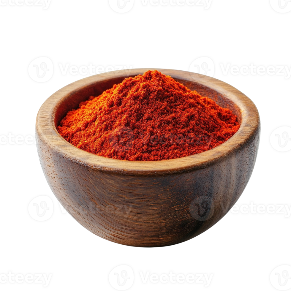 Vibrant Red Spice Powder in Wooden Bowl png