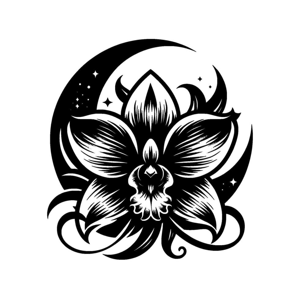 Elegant Black and White Orchid Encircled by a Crescent Moon with Starry Night Sky Aesthetic, Ideal for Tattoos or Art. vector