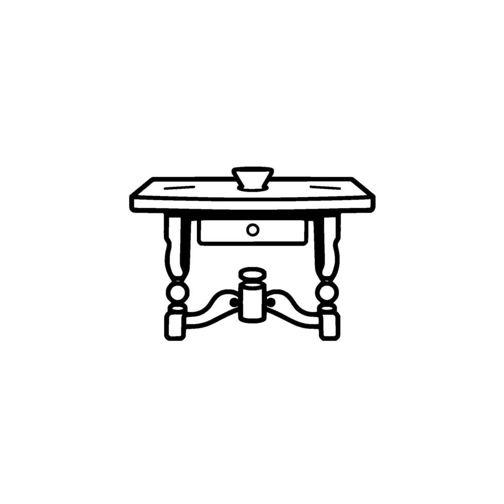 Black and white illustration of a classic wooden side table with a drawer, a decorative support, and a small bowl on top. vector