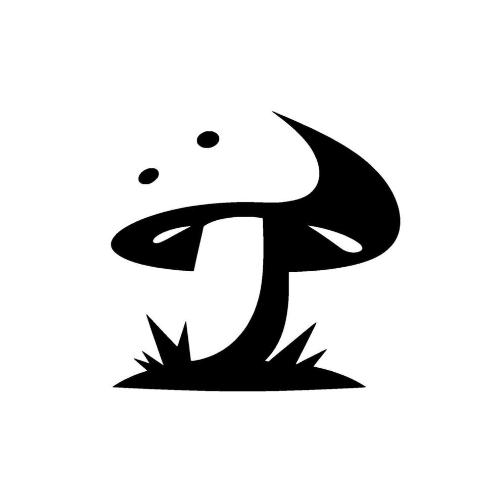 Stylized black and white illustration of a whimsical mushroom with arched cap, grass base and floating dots, on white. vector