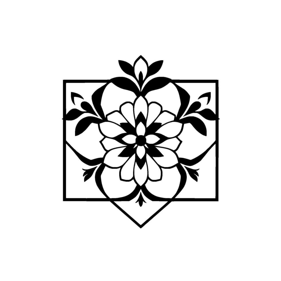Symmetric black and white floral enclosed in a geometric square, featuring ornate petals and leaves, perfect for ornamental use. vector
