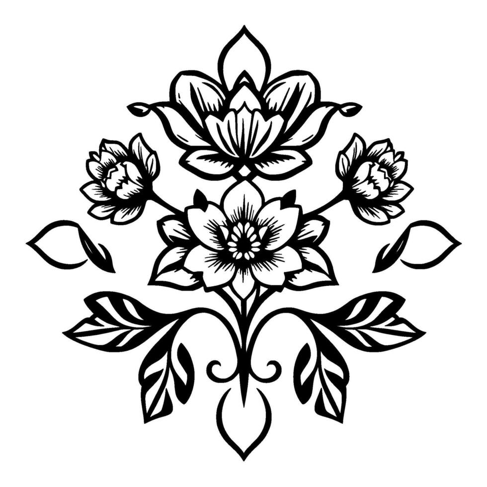 Intricate Black and White Floral symmetrical blooms and leaf patterns, isolated on a white background, creating a sense of elegance. vector