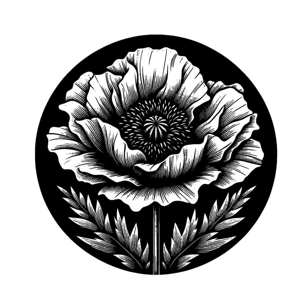 Intricate Black and White Poppy in a Circle Frame Detailed Floral Illustration, Stylized , Symbolic Art vector