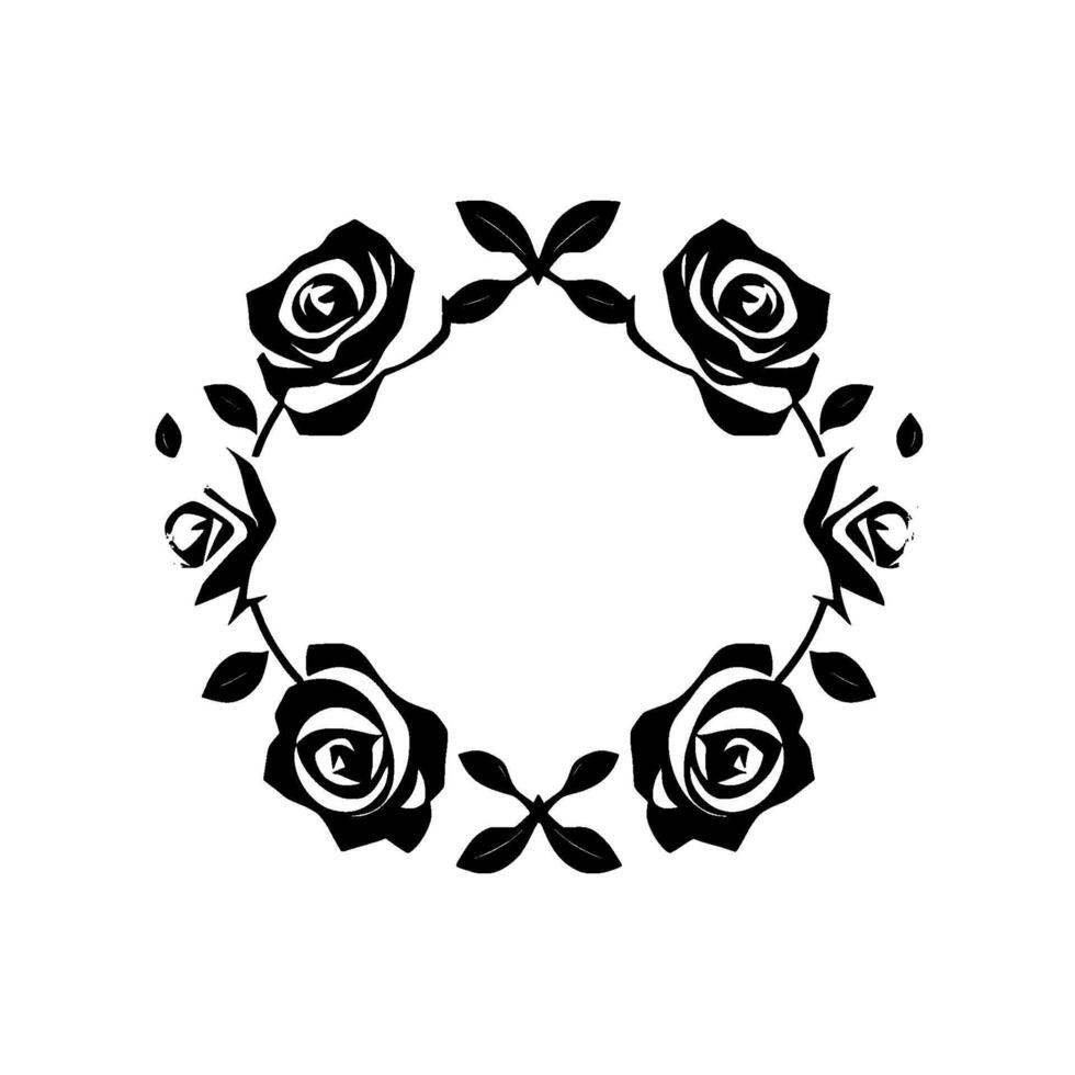 A symmetrical monochrome floral wreath composed of stylized roses and leaves, creating a circular decorative element with a negative space in the center. vector
