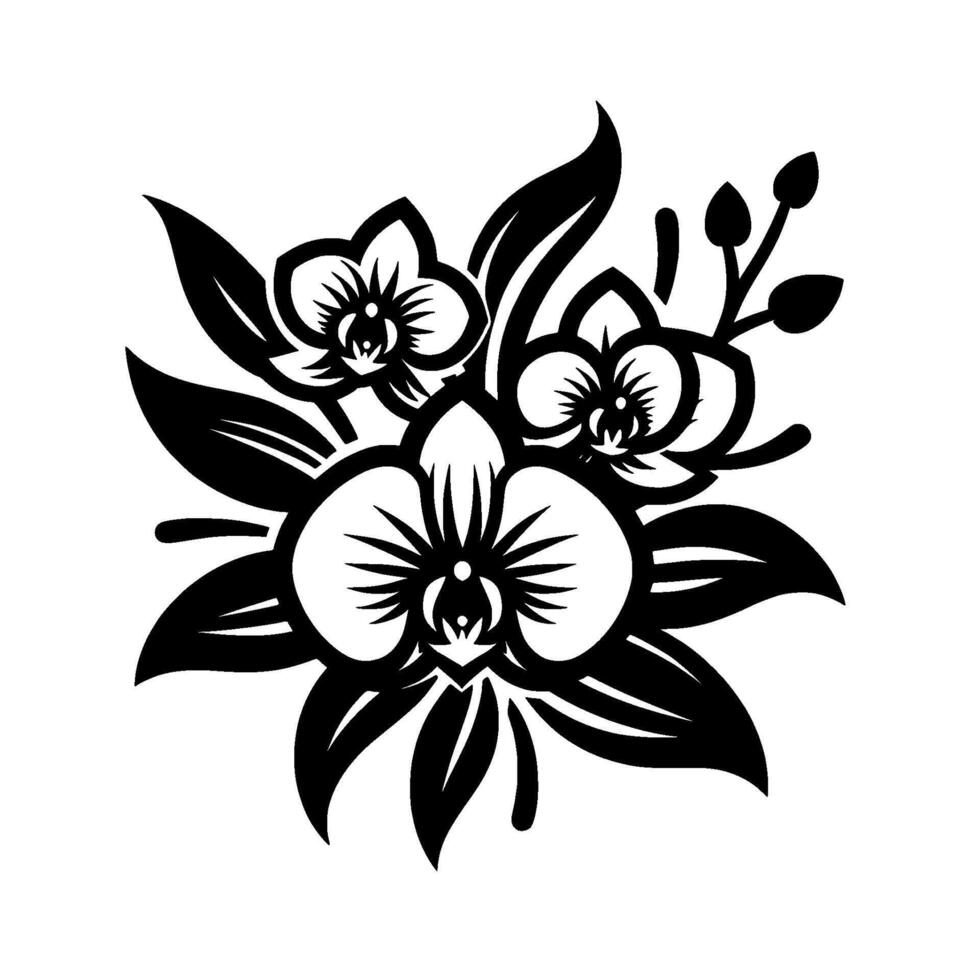 Elegant Black and White Orchid Illustration Detailed Floral Arrangement with Leaves and Buds on a Clean White Background. vector