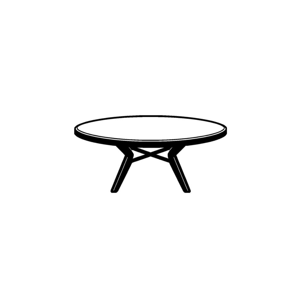 Minimalist black and white illustration of a midcentury modern, round coffee table with crosslegged base isolated on a white background. vector