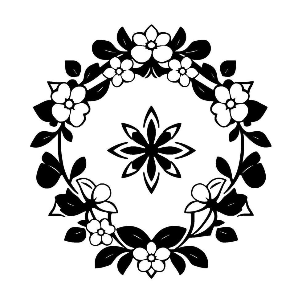 Intricate Black and White Floral Wreath with Stylized Flowers and Leafy Branches, Centered by a Starburst Motif. vector