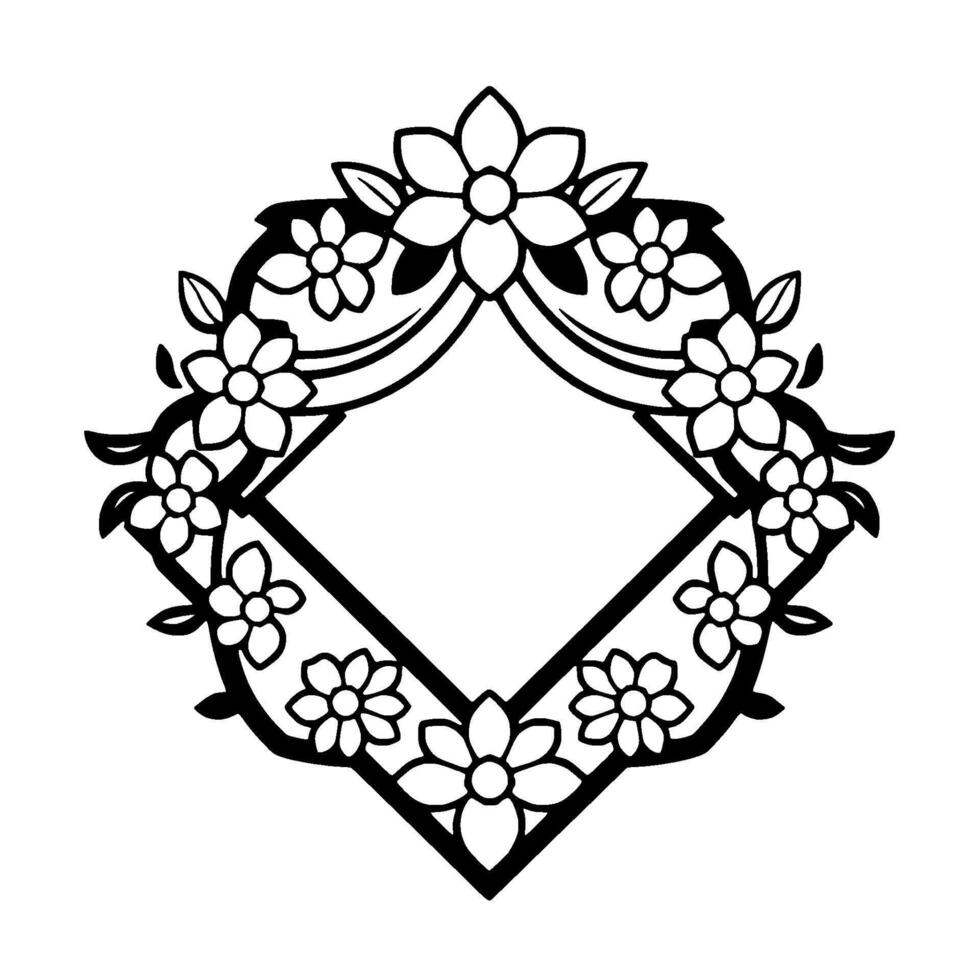 Black and white floral diamondshaped decorative frame, encompassing a central empty rhombus, elegantly designed for embellishment. vector