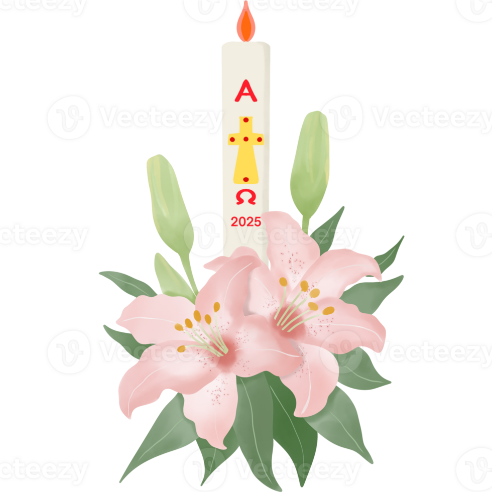The candle is surrounded by delicate pink lilies and green leaves, symbolizing renewal, resurrection, and hope. png