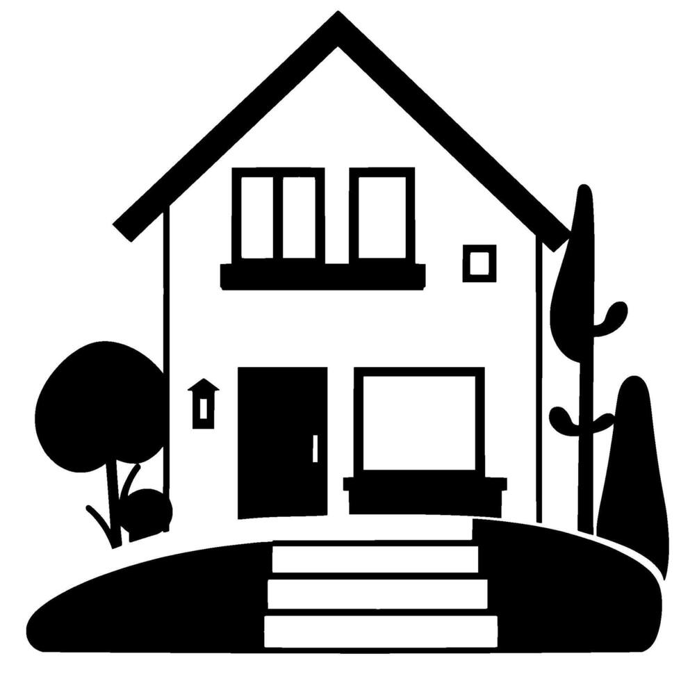 Modern Black and White Silhouette A TwoStory House with Minimalist Garden, Steps, and Geometric Trees. vector
