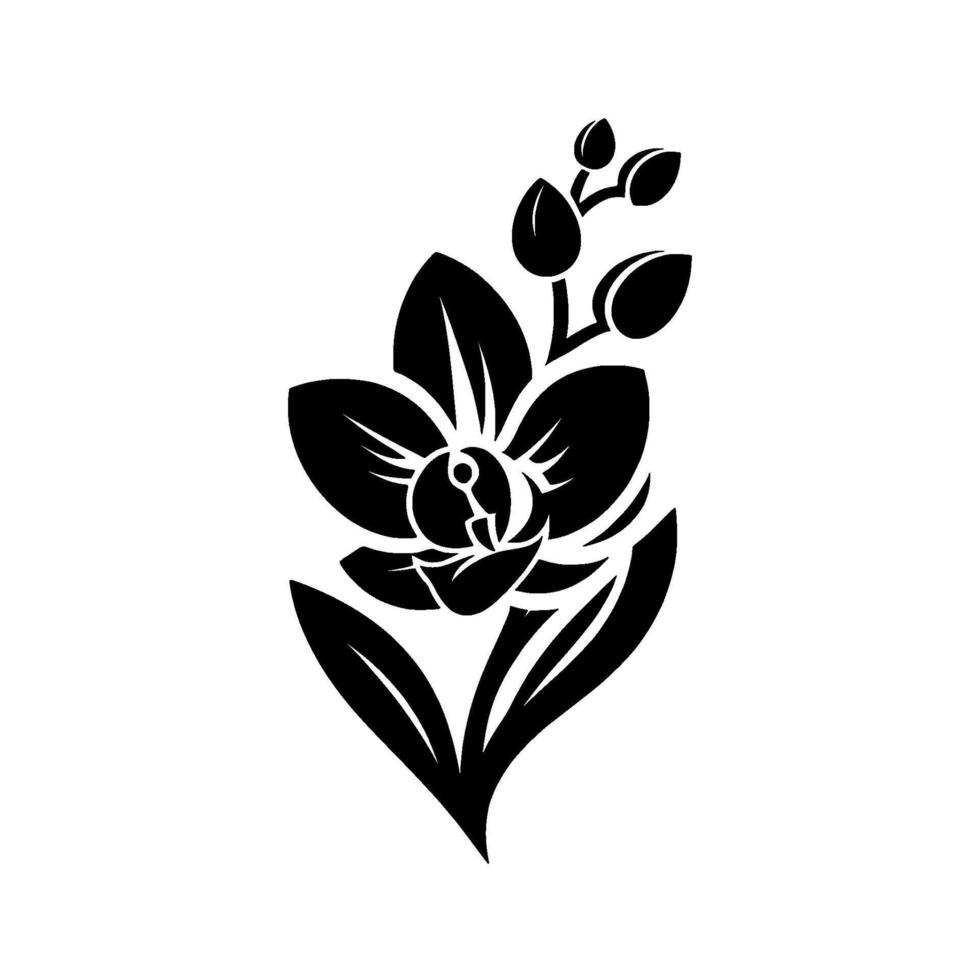 Minimalist Black Orchid Silhouette with Budding Stems, Set Against a Clean White Background, Evoking Elegance. vector