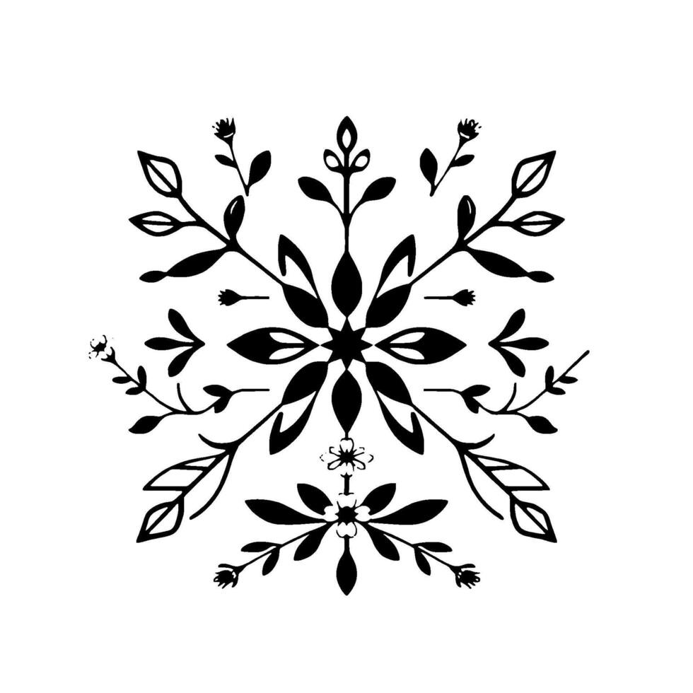 Symmetrical floral black and white geometric , intricate leaf and flower pattern, artistic illustration on a white background. vector
