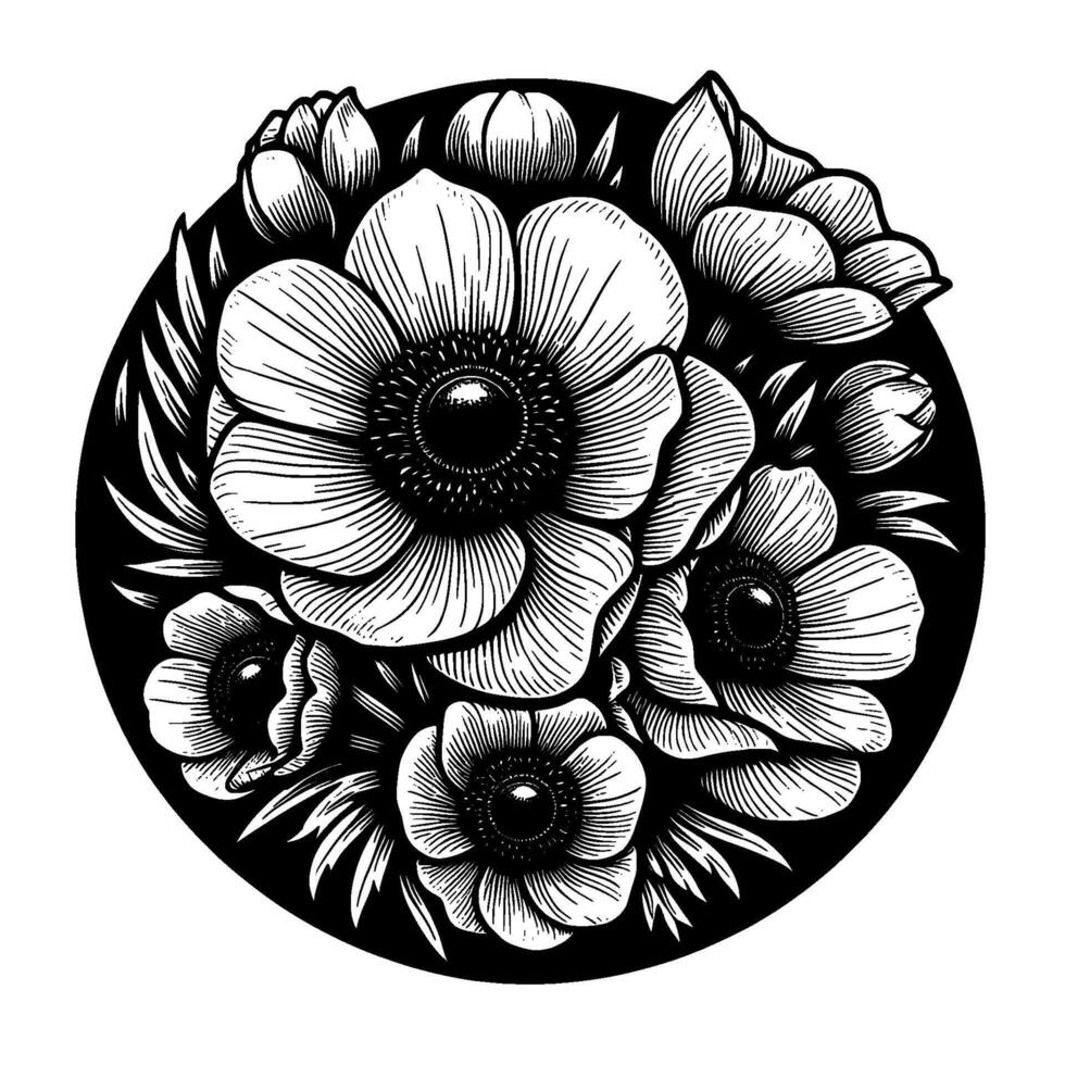Elegant Black and White Floral Arrangement Intricate Line Art of Anemone Flowers and Buds within a Circular Frame. vector