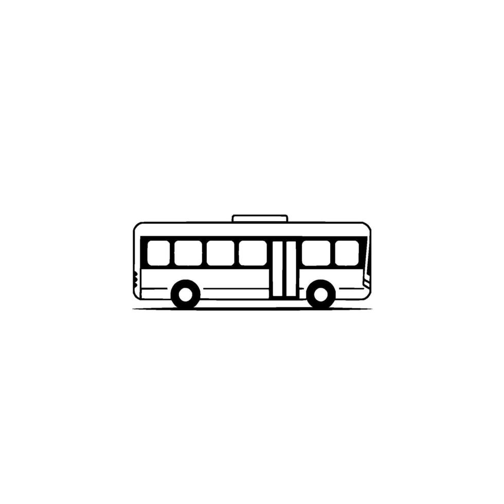 Minimalist black and white illustration of a stylized bus, set against a clean, expansive white background. vector