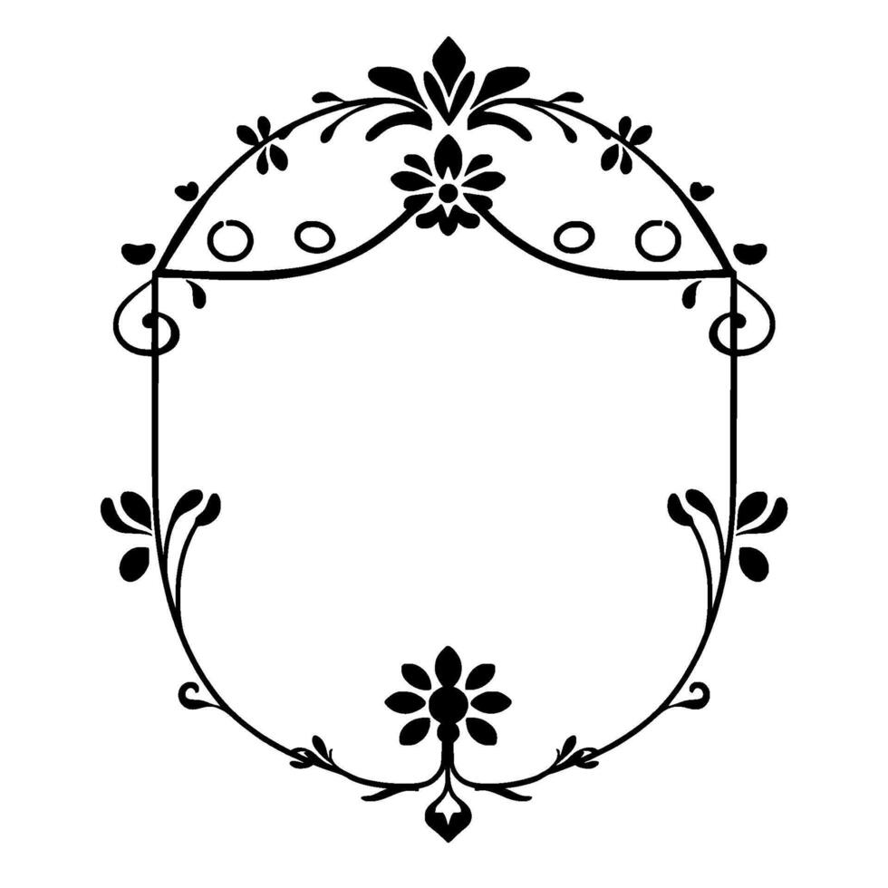 Elegant Black and White Oval Frame with Floral and Leaf Motifs, Decorative, Isolated on White. vector