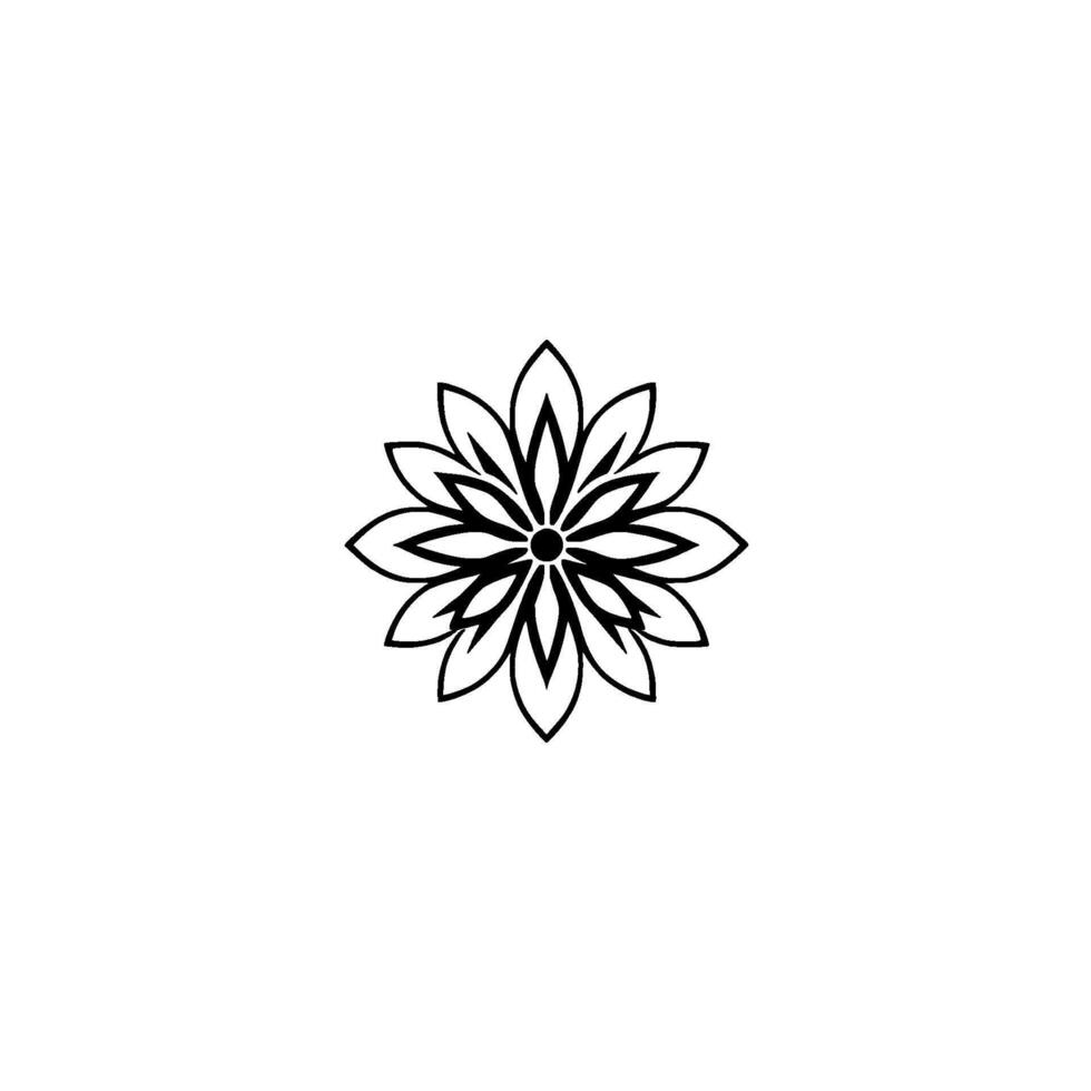 Centered black and white minimalist illustration of a stylized floral featuring symmetrical petal arrangement. vector