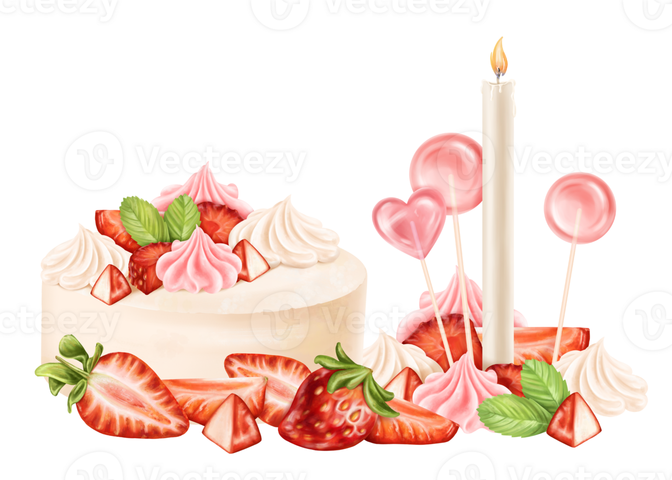 Composition of cake, cupcakes, strawberry slices, marshmallows, meringue and lollipops. Berry confectionery sweets. Festive food for parties, table decoration. Digital isolated illustration png