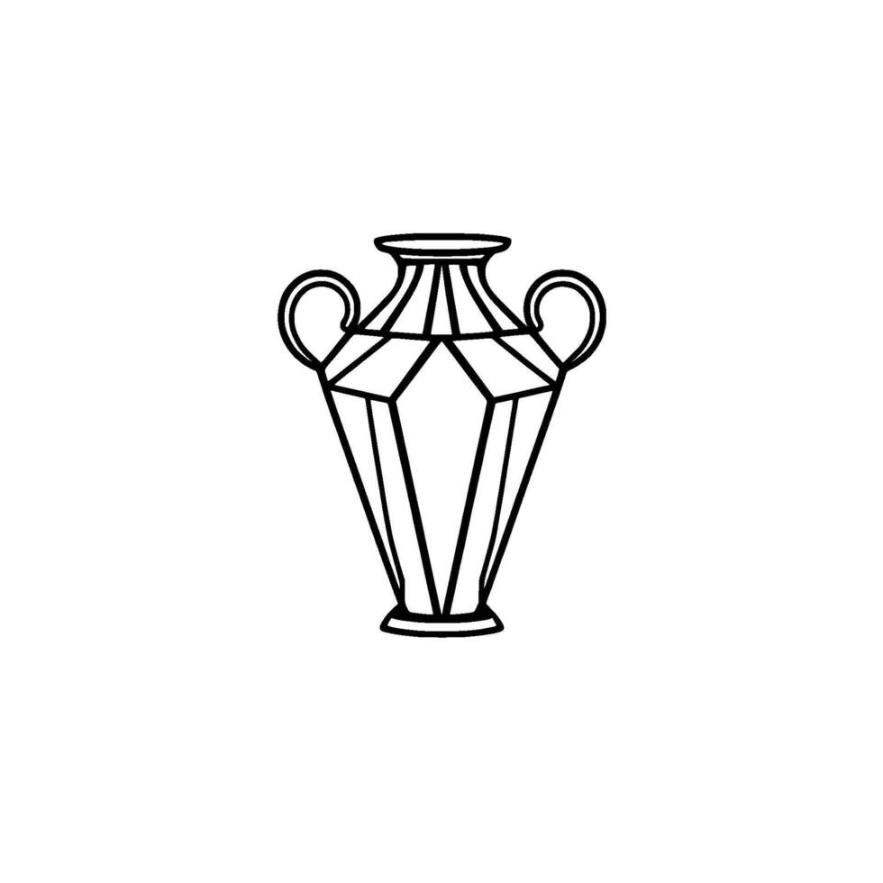 An elegant, minimalist black and white illustration of a geometric, handled amphora, centered against a stark white backdrop. vector