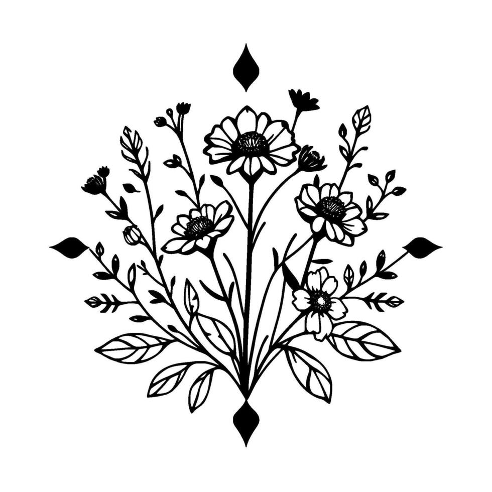 Elegant Black and White Floral Illustration Symmetric Bouquet of Wildflowers with Detailed Line Art, Ornamental Accents, and Botanical . vector